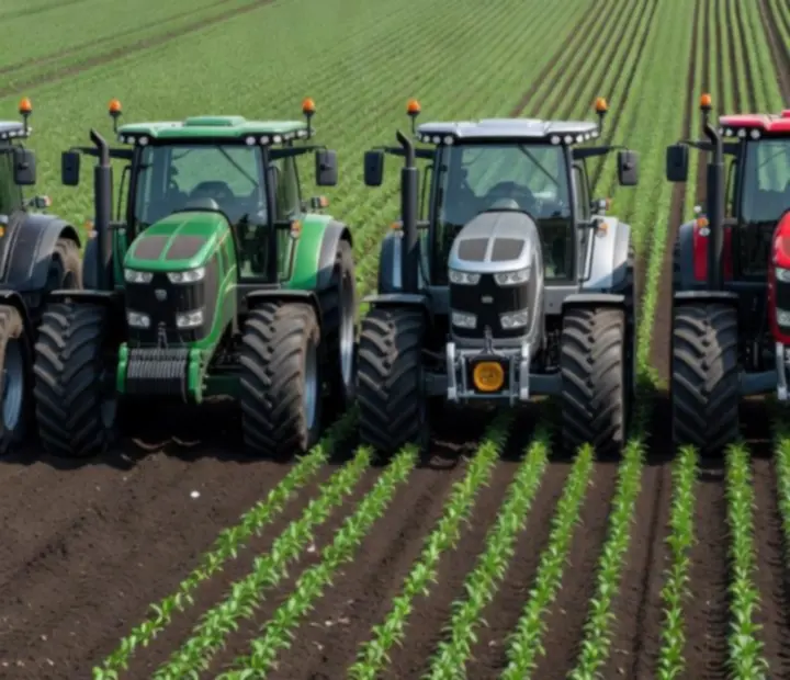 Modern traktorok és nehézgépek sorban a Lootpi Xelator játékban, naplementés magyar farm tájon.